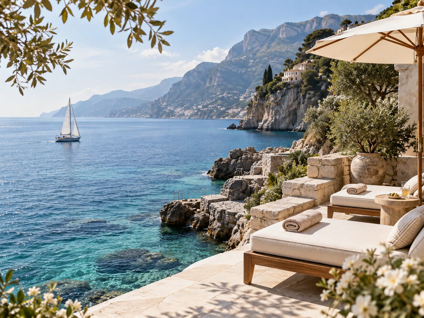 Terrazza sul mare con lettini e ombrellone
