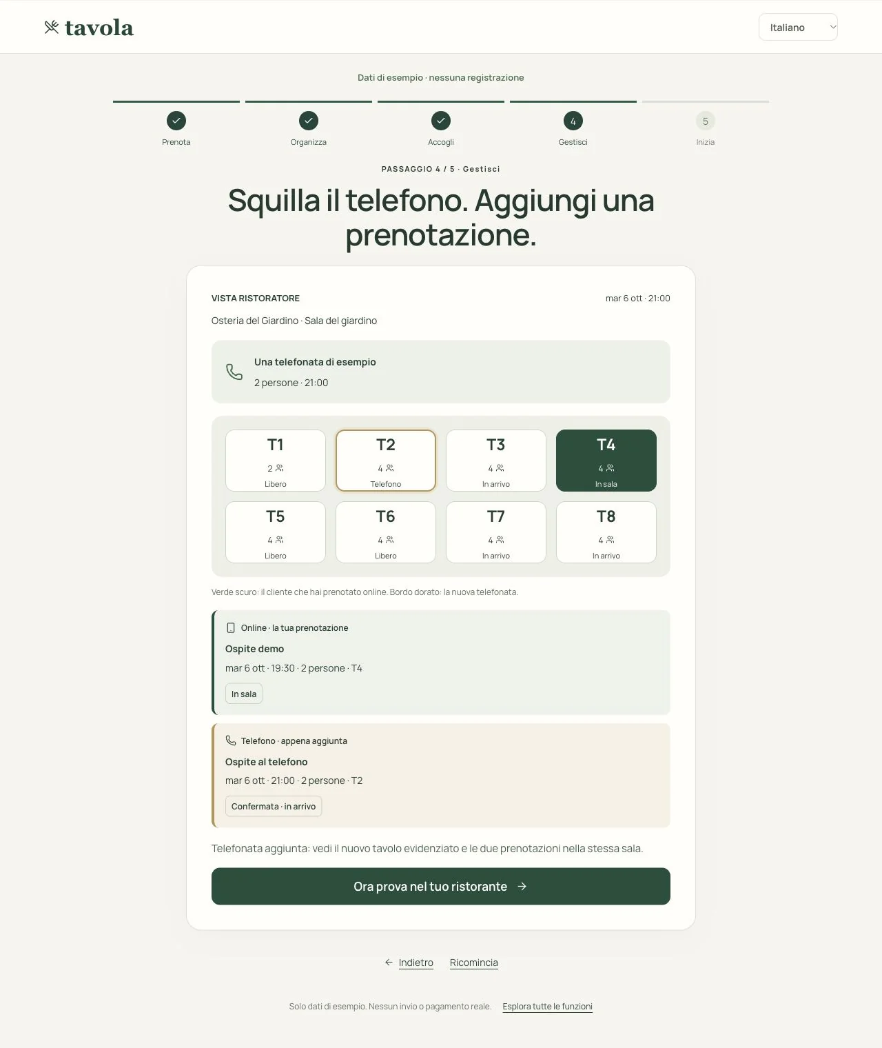 Demo Tavola: piantina della sala